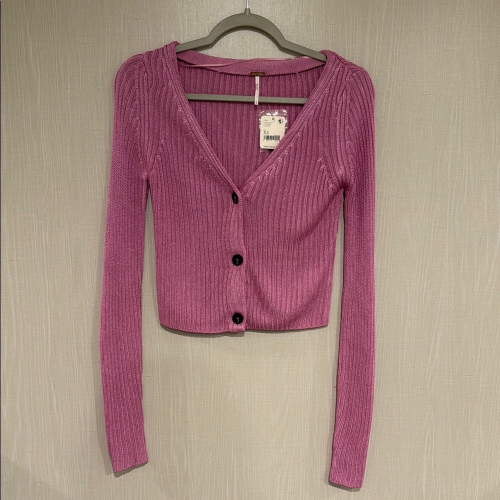 Free People Pink Cropped Cardigan Sweater